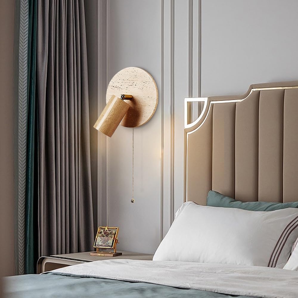 Wabi-Sabi Style Travertine Cylinder Wall Lamp with Pull-chain Switch